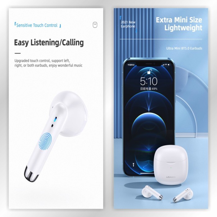 USAMS Original True Wireless Bluetooth Earphone TWS IA04 Mini Earbuds Stereo earphones Bass headset Sport gaming headphone - Pink