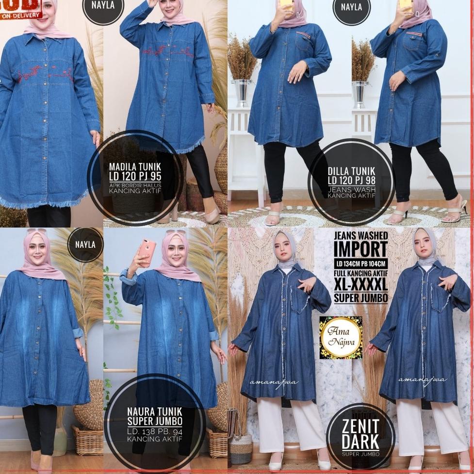MURAH BANGET Baju Wanita Dewasa Tunik Jeans Jumbo Ld 120 Ld 130 Ld 140 Ld 150 - Atasan Super Jumbo T