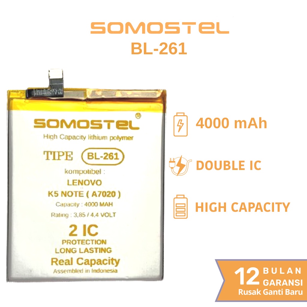 Somostel - BL261 Lenovo K5 Note A7020 Batrai Batre Baterai