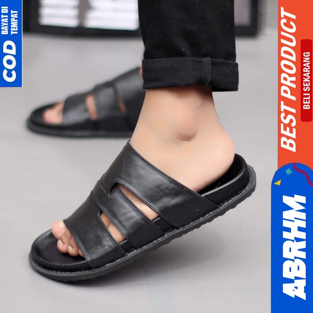 Sandal Slide Pria Casual Kulit Asli Sendal Selop Pria Hitam Abrhm Frankie