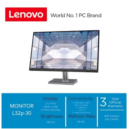 Lenovo L32p-30 32 Inch Monitor - UHD 4K IPS 60Hz