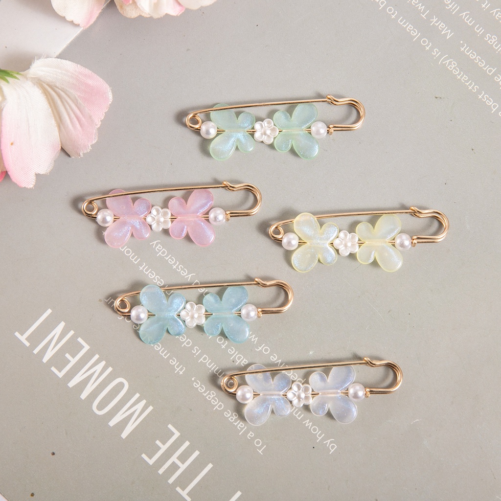 Korea Mutiara Warna Warni Makaron color is cute Butterfly brooch Pin Muslimah Hijab Pin Kerongsang Cincin (kz-4) Tudung Ring Tudung Pin