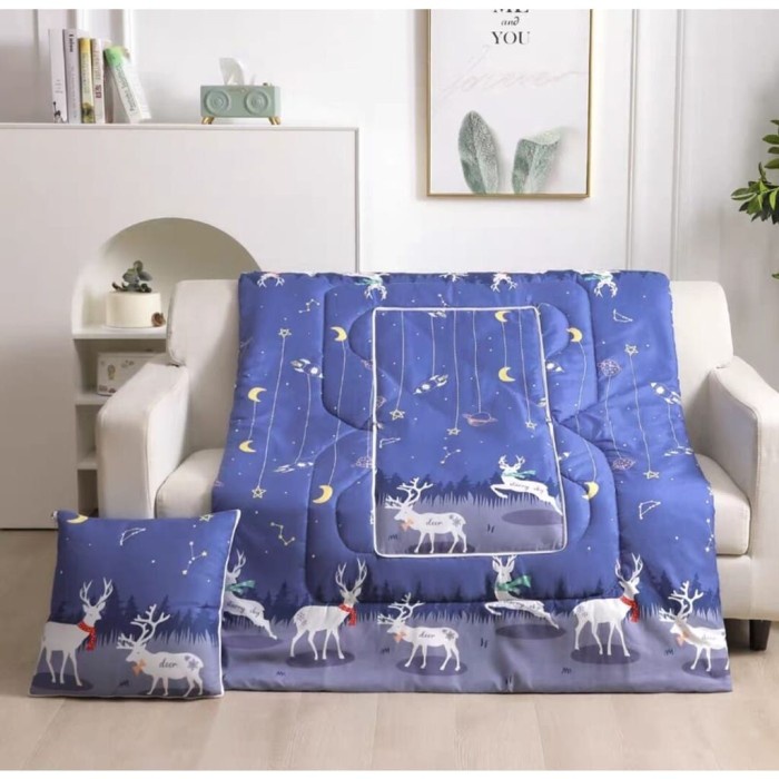 Selimut Dewasa Balmut Lipat Bantal Selimut 2in1 / Bantal Lipat Praktis Jadi Selimut - Navy Deer 6G(V