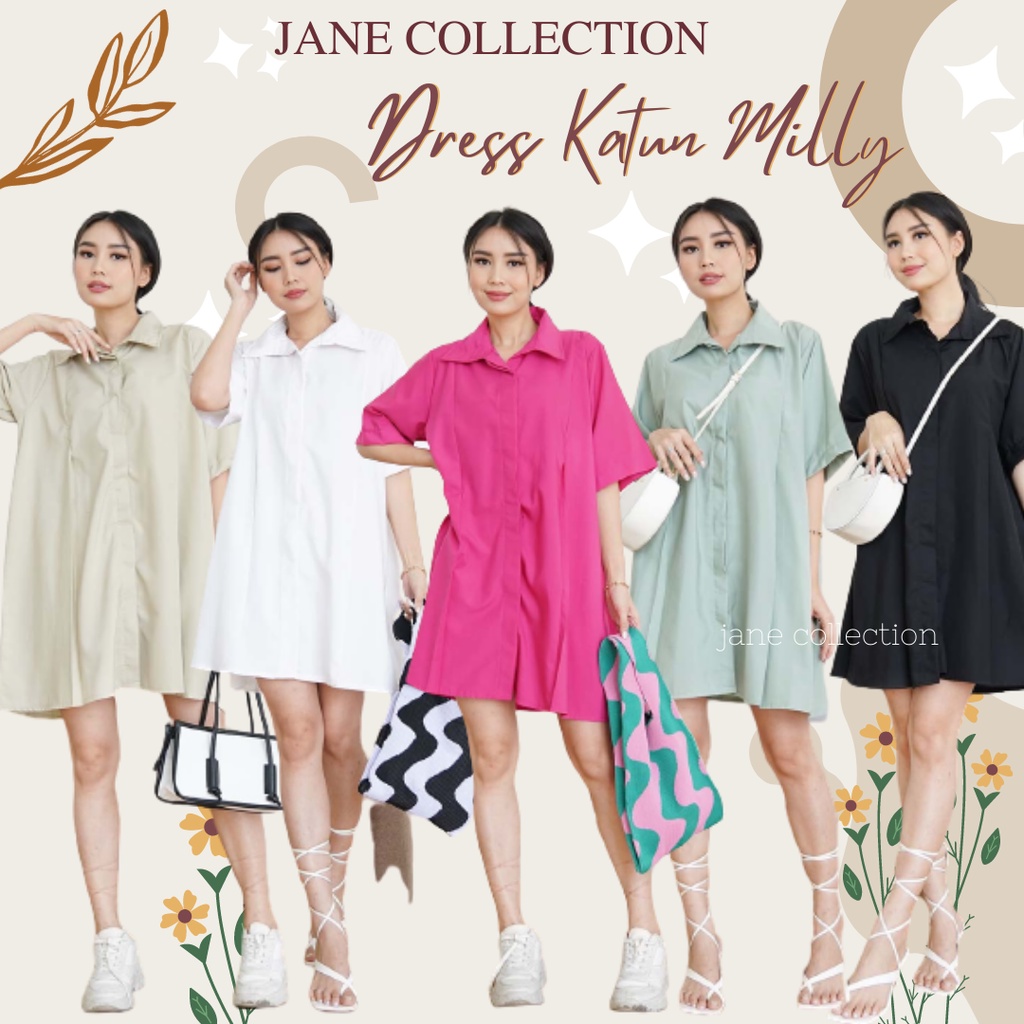 JANE COLLECTION || Dress Oversize Kancing Depan Kemeja Kantor Wanita Basic Cotton Casual Midi Ukuran Bigsize Jumbo Loose Dress Katun Milly