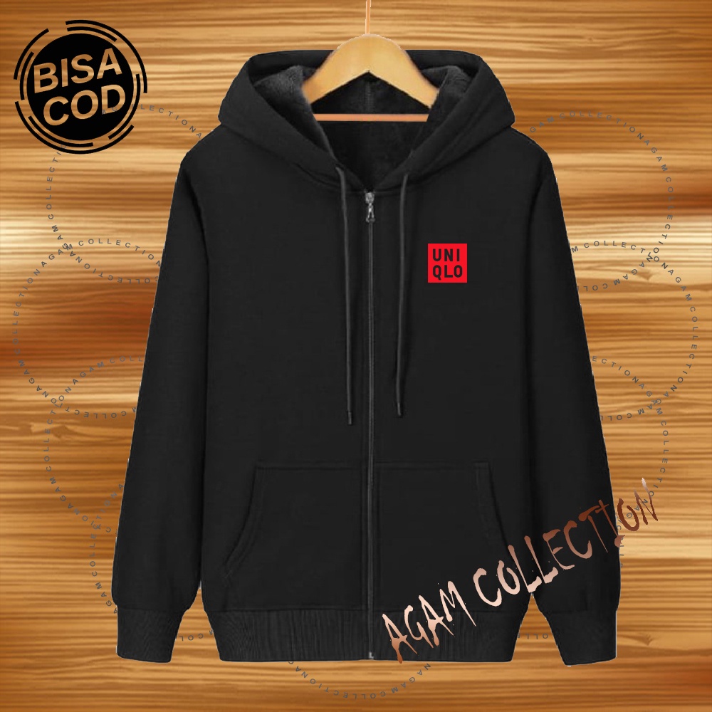 Agam collection Jaket Zipper Distro Logo UniQlo Text Merah Premium Quality Jaket Hoodie Pria Wanita