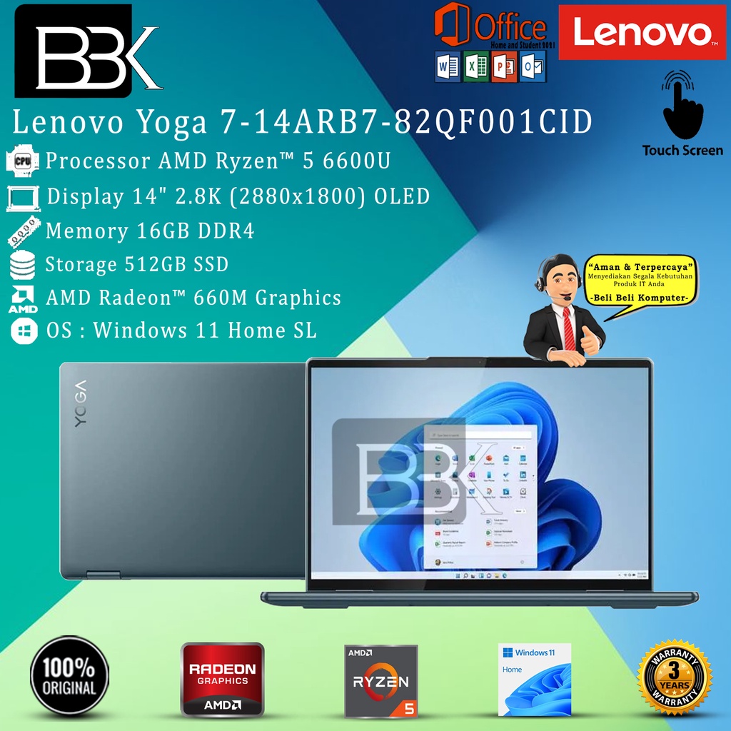 Lenovo Yoga 7 1CID Ryzen 5 6600U 16GB 512GB SSD WIN11HSL OHS 21 3YR