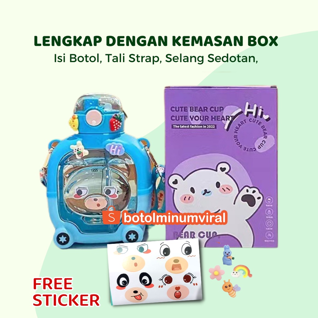 Botol Minum Viral Anak Free Sticker 2D 3D Karakter Sedotan Tali Lucu