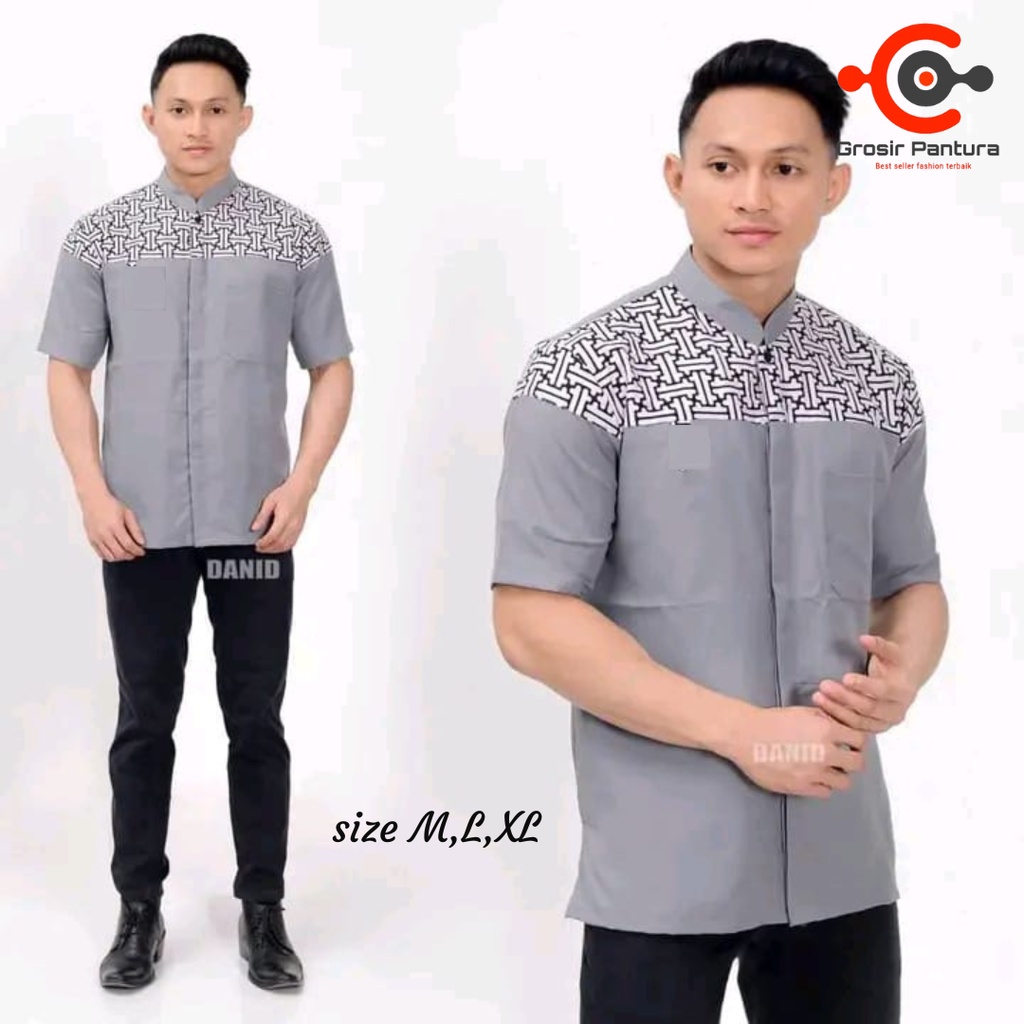 Baju Koko Pria Elrumi Lengan Panjang Motif Warna Hitam Kombinasi Batik