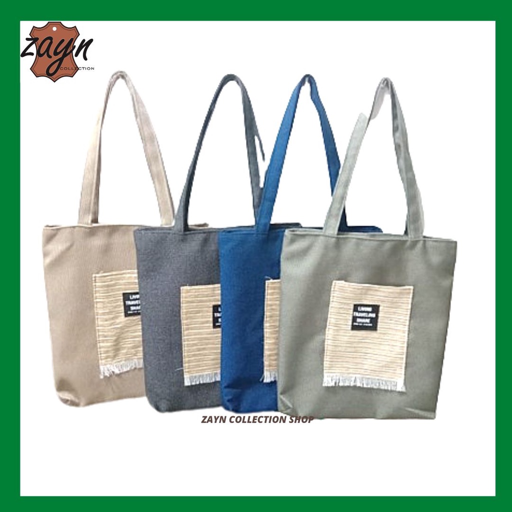 Tote Bag Wanita Resleting Kanvas Premium Shoulder Bag/Tas Bahu Perempuan