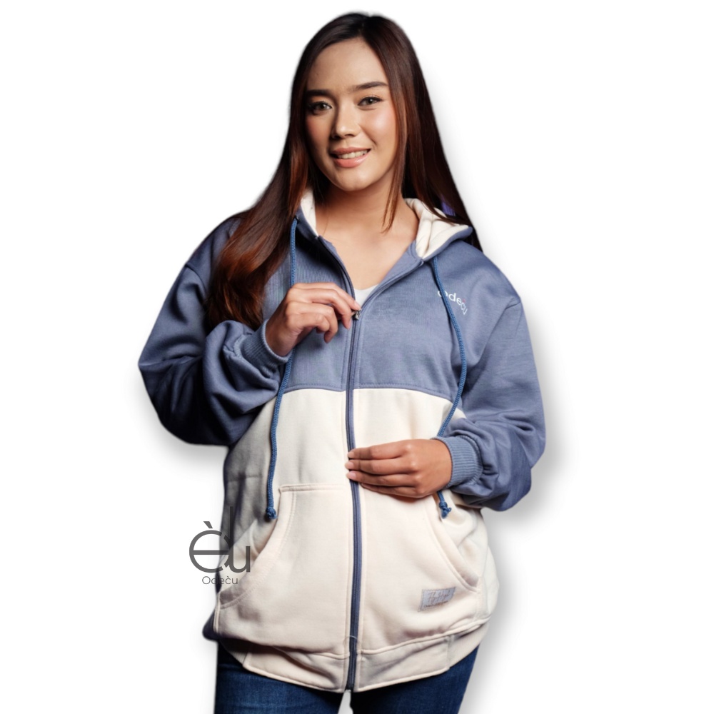 ODECU PREMIUM HOODIE ZIPPER TWO COLOR DENIM VANILLA SWEATER WANITA PRIA