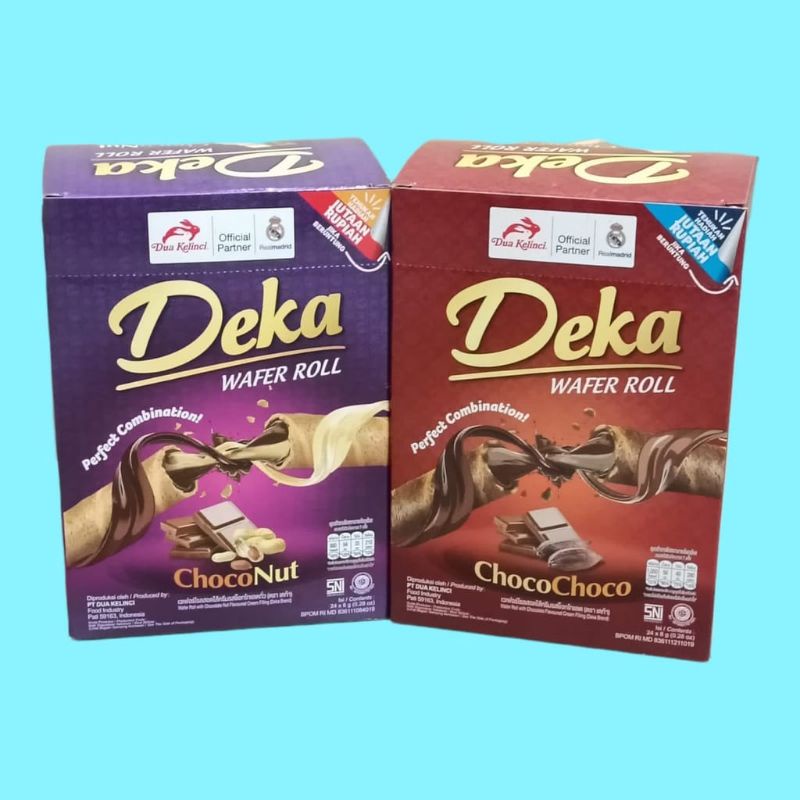 

Deka Wafer Roll ChocoChoco / Deka Wafer Roll ChocoNut 1 Pak Box Isi 24pcs