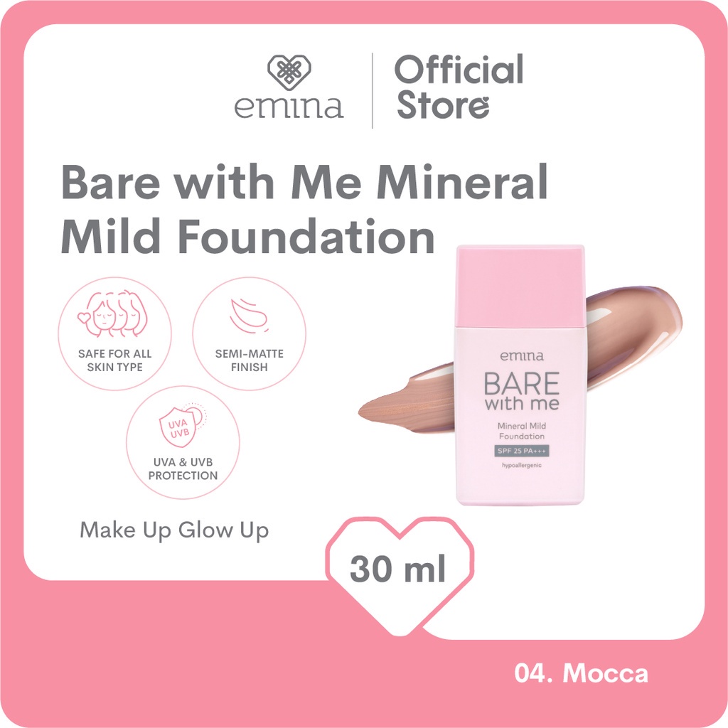 Emina Bare with Me Mineral Mild Foundation 30 mL - Semi Matte Finish, Perlindungan terhadap Sinar UV