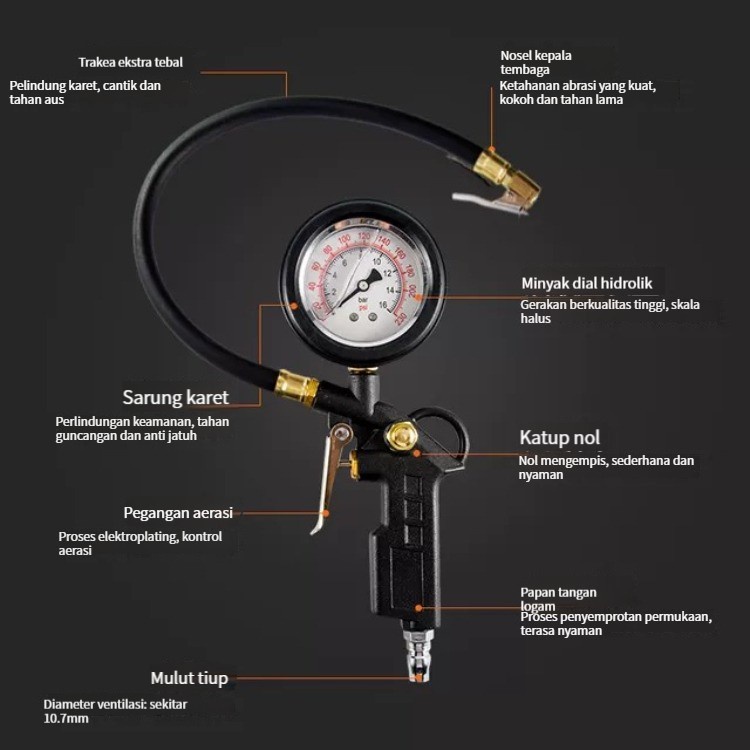 Tire Inflator Air Pressure Gun Isi Ukur Tekanan Angin 3 in 1 Tire Gauge Kit Alat Pengisi Ukur Tekanan Buang Angin Ban