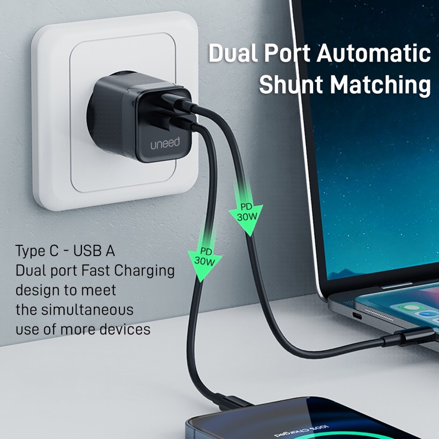 UNEED Mini Wall Fast Charger Dual Port 30W VOOC PD 3.0 QC PPS - UCH426