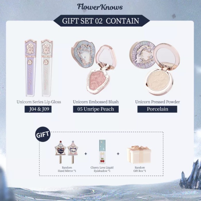 Flower knows unicorn series makeup set crystal lip gloss/embossed blus