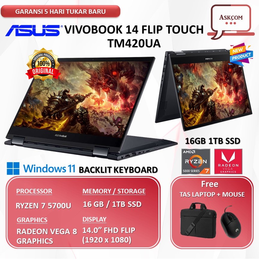 Laptop Asus Vivobook FLIP 2in1 Touch TM420UA Ryzen 7 5700U 16GB 1TB SSD 14.0&quot;FHD IPS W11