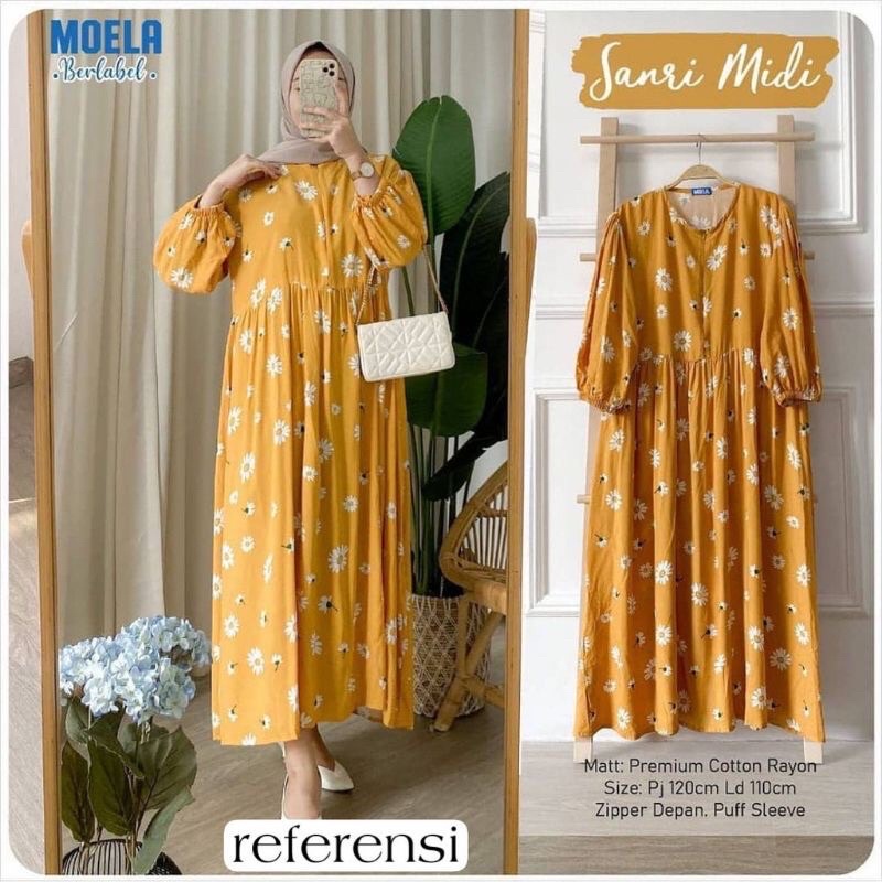 GAMIS MIDI DRES MOTIF BUNGA KUNING BAHAN RAYON BUSUI L XL XXL