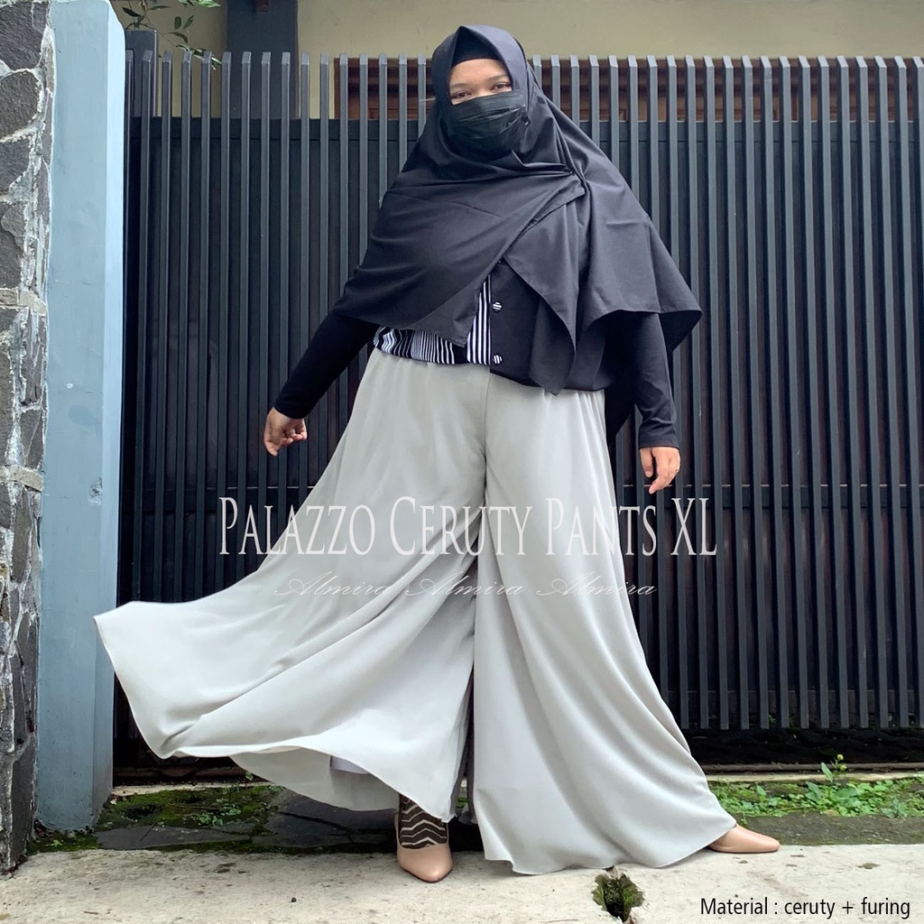 Celana Kulot Jumbo Wanita Kulot Sifon Ceruty Palazzo Pants Almira Ukuran XL Pinggang 90cm BB 80 Big Size