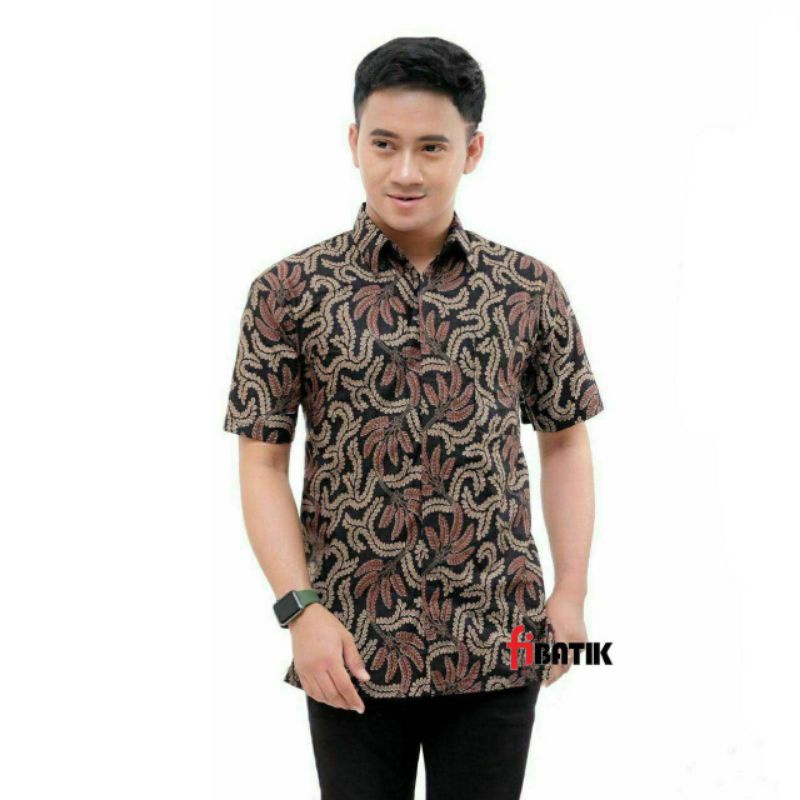 Kemeja Batik Pria Couple Ayah Dan Anak Laki-laki Motif Daun Kelor Warna Krem Lengan Panjang Dan Pendek