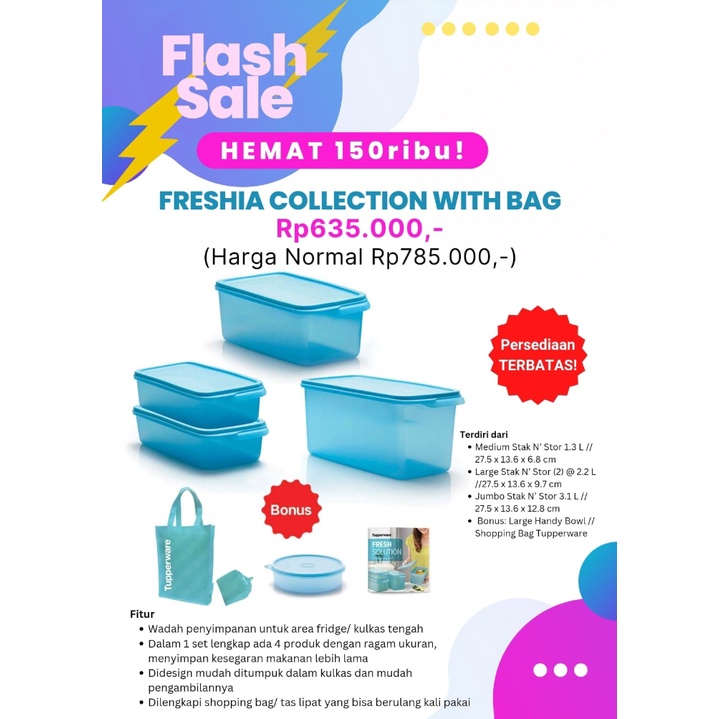 TUPPERWARE FRESHIA COLLECTION FREE COMPACT BOWL HIGH (4) 650ML - BIRU MUDA