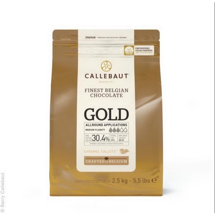 

Barey Callebaut Gold Caramel Chocolate Callets Repack 250gr - Couverture 30.4%- Gosend/Grab Only