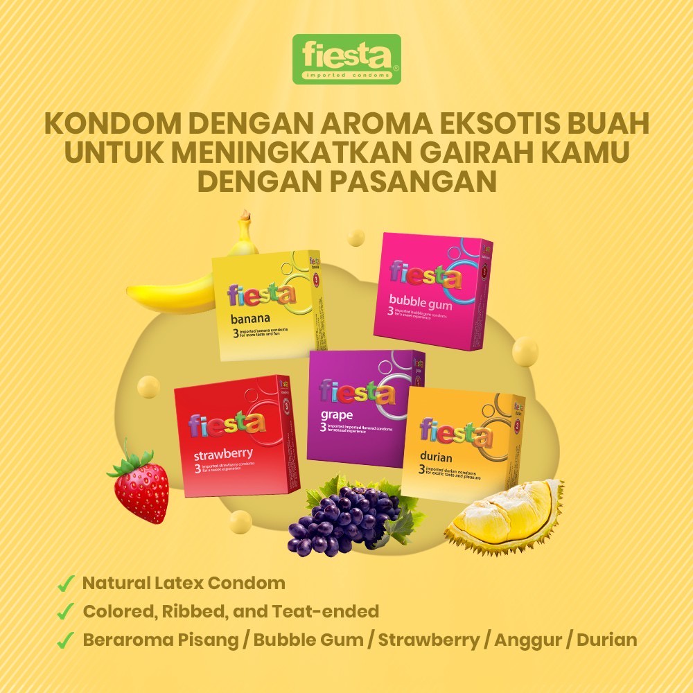 Kondom Fiesta Mix Variant Isi 3 Pcs (Banana / Black Coffee / Durian / Max Dotted / Strawberry / Watermelon Sugar / Bubble Gum / Grape / Ultra Safe / Ultra Thin / Delay)