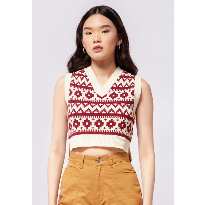 TERLARIS COLORBOX Jacquard Knit Crop Vest I-VEGFCR222L006-MAROON /VEST RAJUT/VEST WANITA/VEST