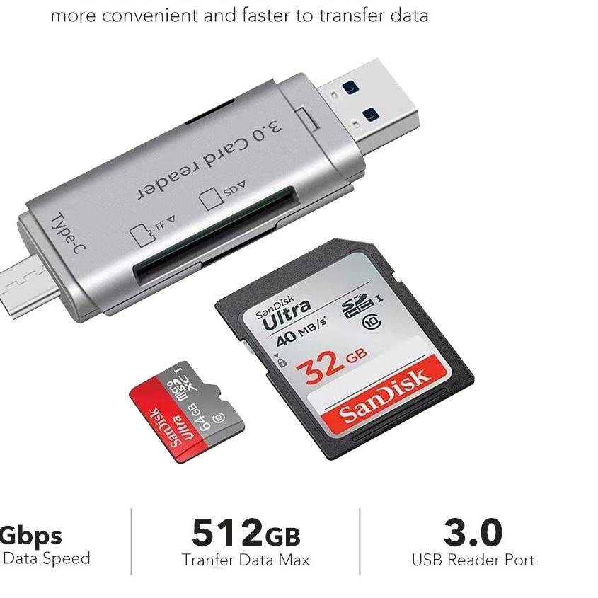 ✱ 4 in 1 Card Reader USB 3.0 Type C / SD Kartu / TF Memory Card Read OTG Adapter ✹
