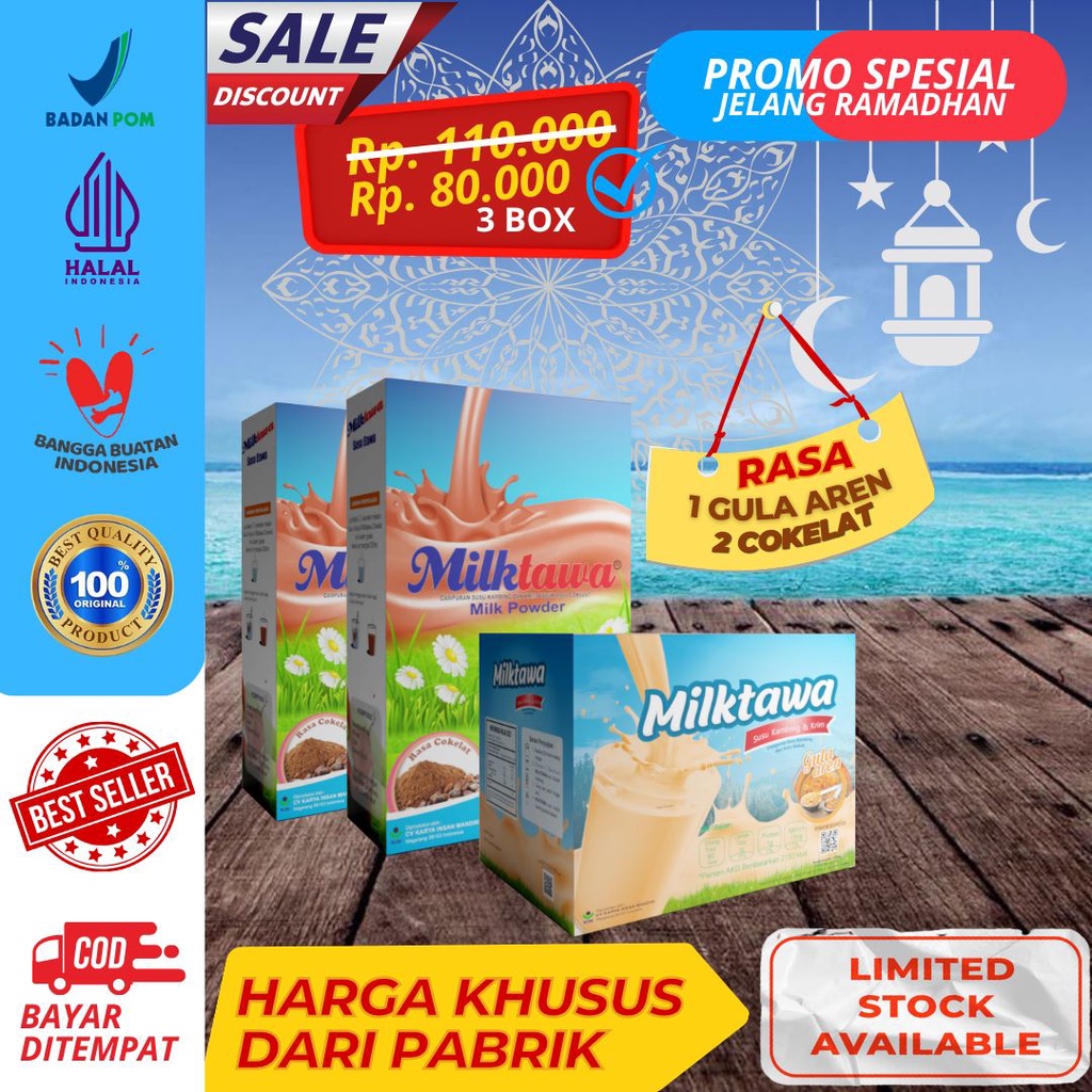 

Paket Hadiah Promo Spesial Ramadhan Susu Kambing Etawa Milktawa 2 pcs Rasa cokelat & 1 pcs Rasa Gula Aren