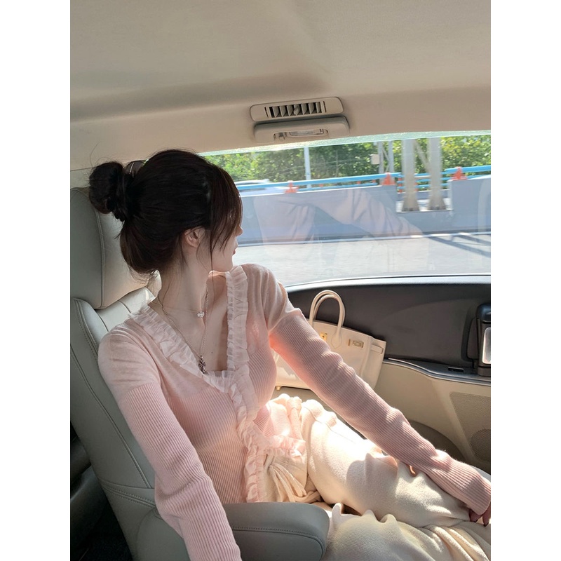 Red Temperamen Prancis merah muda manis lengan panjang sweter v-neck sweater wanita musim gugur dan musim dingin baru keinginan murni atas angin ramping