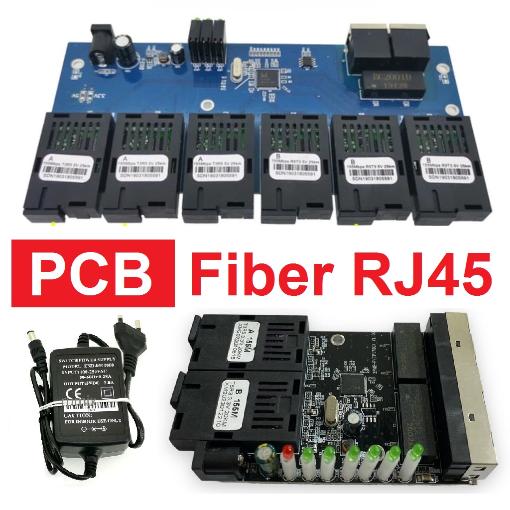 PCB Media Converter Fiber 2 FO SC Port 4 LAN Rj45 Optik Optical 6 SC 2 RJ45 Transceiver Ethernet Switch 4 Port dengan Adapter