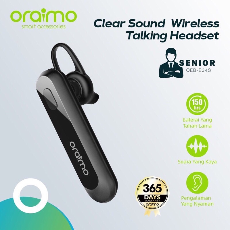 Oraimo OEB-E34S Senior Talking Bluetooth Headset Wireless Earphone Handsfree Nirkabel IOS/Android - 
