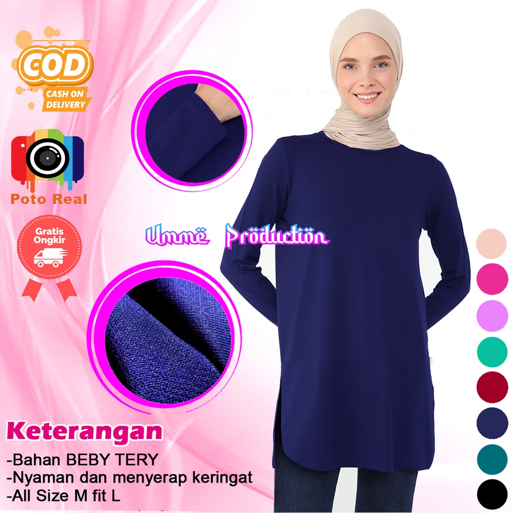 Baju tunik wanita muslim polos atasan babyterry Navy biru tua kaos tuniq tunic fashion terbaru cewek