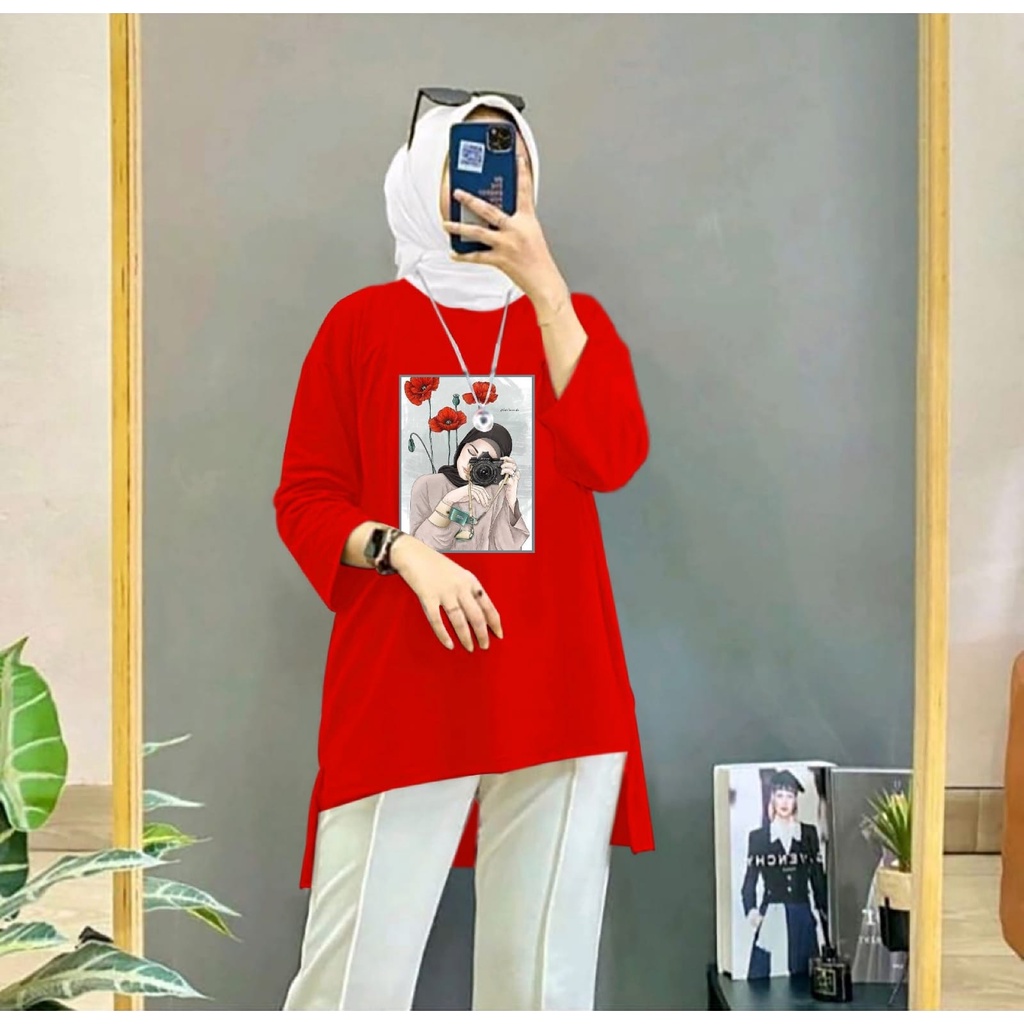 Baju Atasan Tunik Blouse Hijab Motif Camera Lengan Panjang Wanita