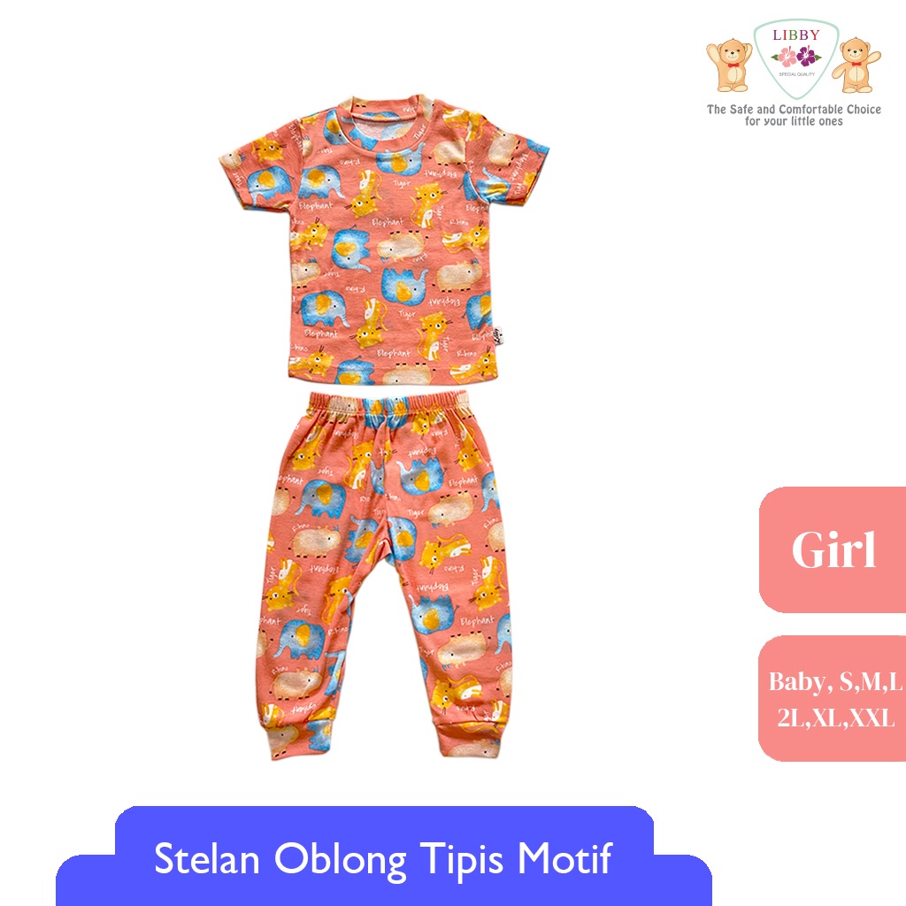 LIBBY Stelan Oblong Cotton Rib Pendek - Celana Panjang Series Girl Motif Happy Farm / Play The Ground (1stel)