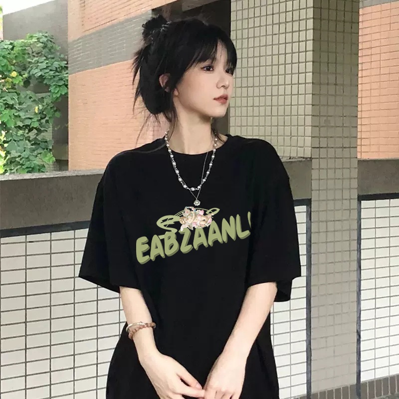 100% Katun Kaos Vintage Hitam Atasan Wanita Lengan Pendek Oversize Printed T-shirt Baju Wanita Kekinian Korean Style