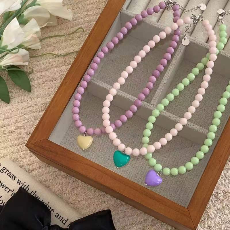 Ins Candy Color Beaded Necklace Colorful Heart Pendant Rantai Klavikula