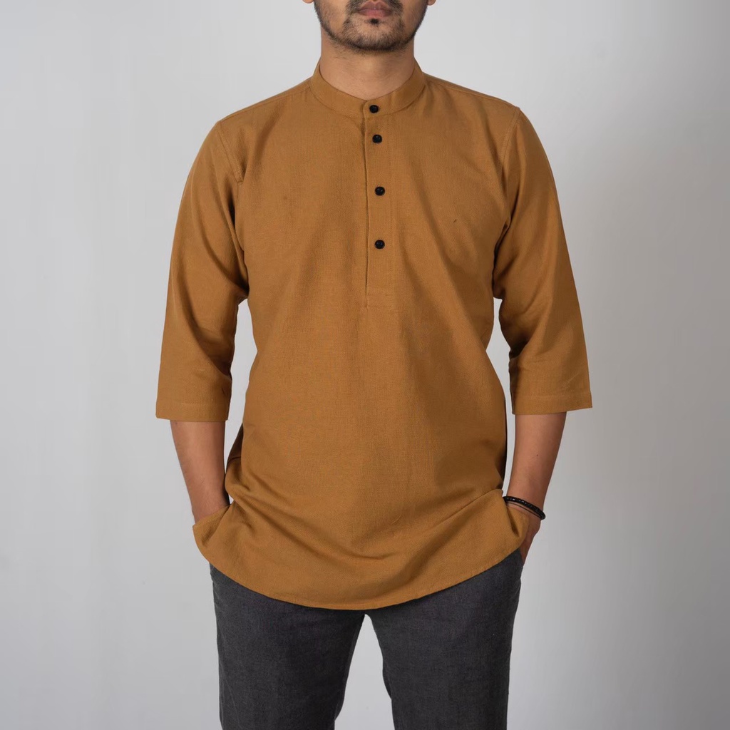 AL HABSYI Baju Muslim Pria Dewasa Original Kurta Lengan Tiga Perempat Koko Linen Pakaian Kurta Pakistan Premium Terbaru RAMY MOCCA