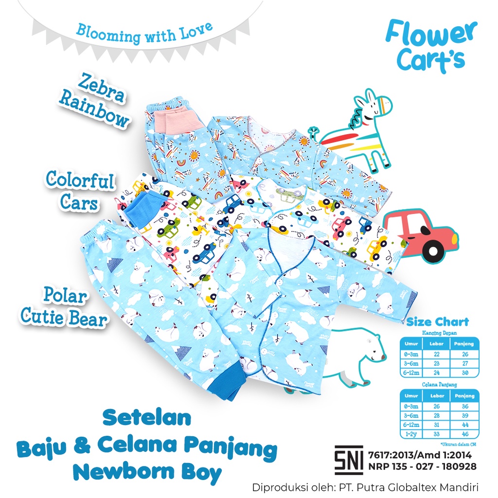 Baju Celana Bayi Size 0-3 / 3-6 SNI Motif Boy Girl/ Baju Celana Oblong Panjang Pendek Kutung Pop Singlet Kaos Flower Cart's