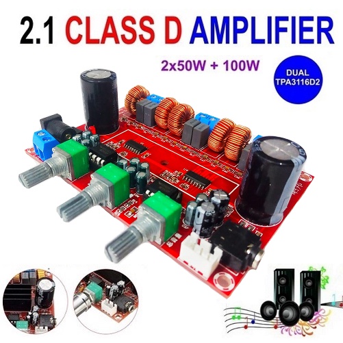 Digital 2.1 Channel Class D Power Amplifier Speaker Board Stereo 100 Watt TPA3116D2 2x50W+100W 12-24