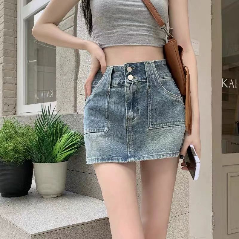 Red Spice girl retro rok denim rok wanita musim semi dan musim panas baru a-line pinggang tinggi tipis tas kecil pinggul rok pendek