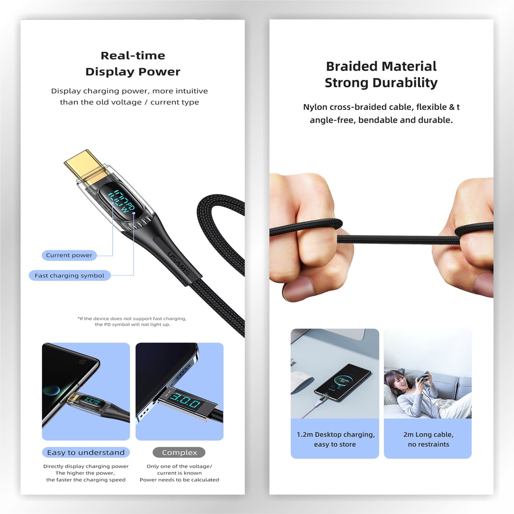 USAMS Shadow Series Kabel Data Type C to Type C PD 100W Transparent Digital Display