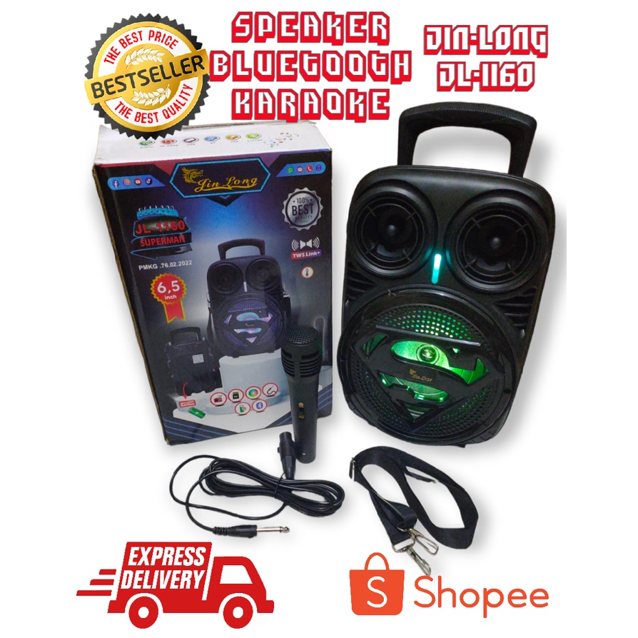 PROMO SPEAKER BLUETOOTH KARAOKE JINLONG JL1160  6.5&quot; SERI SUPERMAN BONUS MIC DAN TALI GANTUNGAN TERBARU