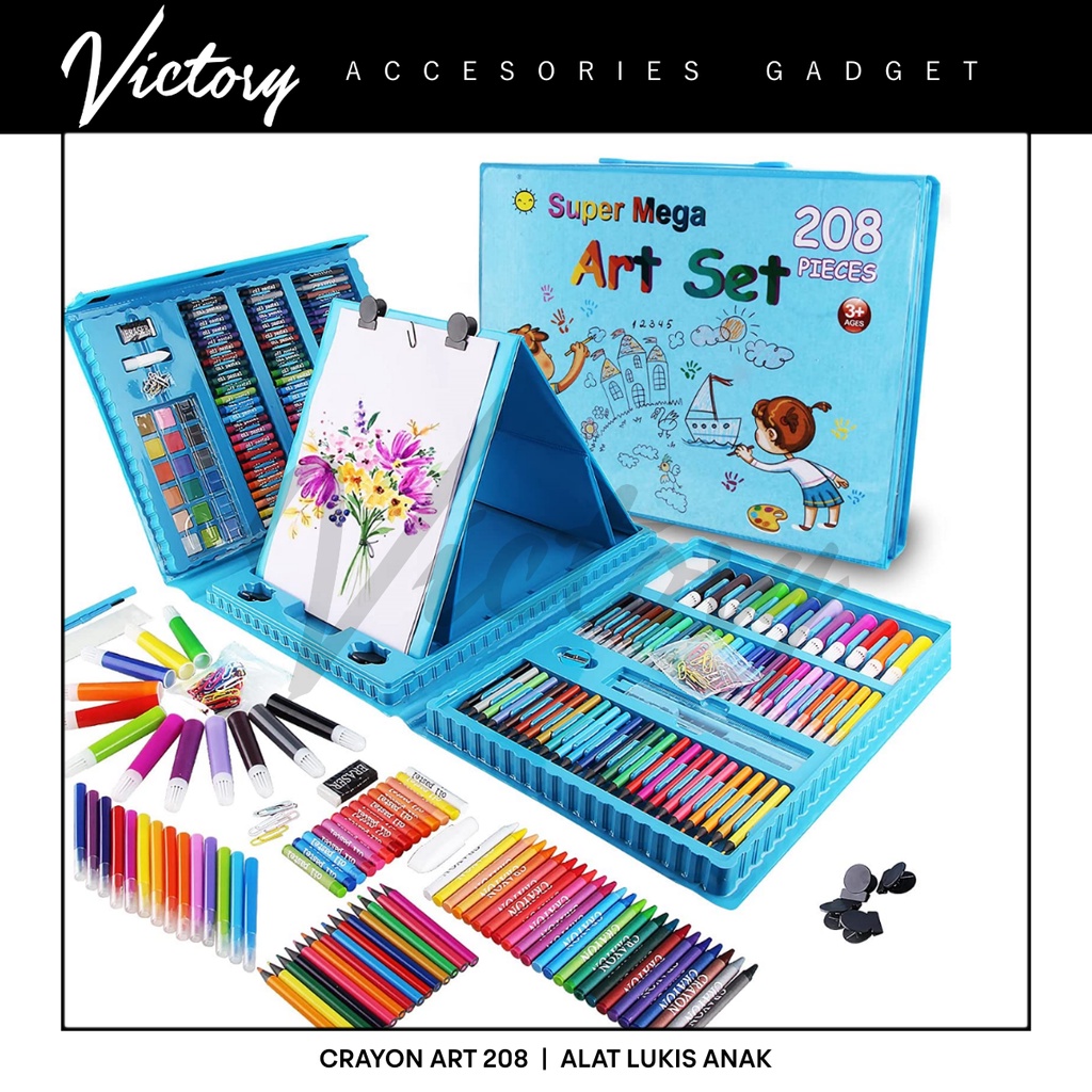 VICTORY Crayon Anak Pengasah 208pcs Set Alat Menggambar Melukis Anak-anak Crayon Cat Air Pensil