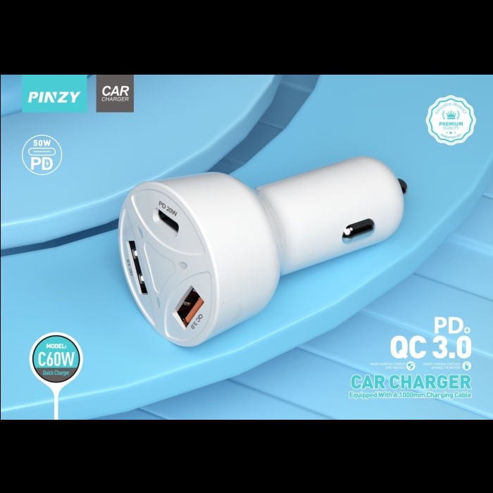 Saver PINZY C60w QC3.0+20W PD Car Charger 3 Port USB 5A Include Kabel