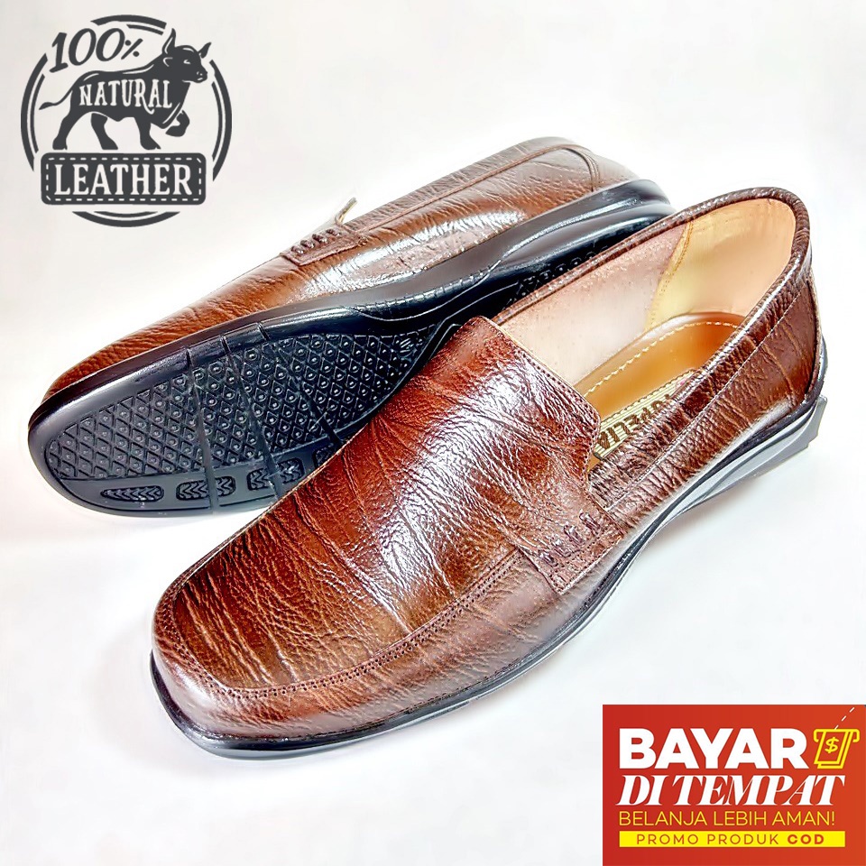 Sepatu Santai Casual 100% Bahan Kulit Sapi Asli Motif Serat Kayu