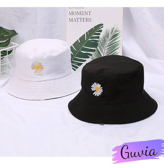 Topi Bucket Bolak Balik Dua Sisi Bordir Bunga Daisy Pria Wanita bisa bayar di tempat