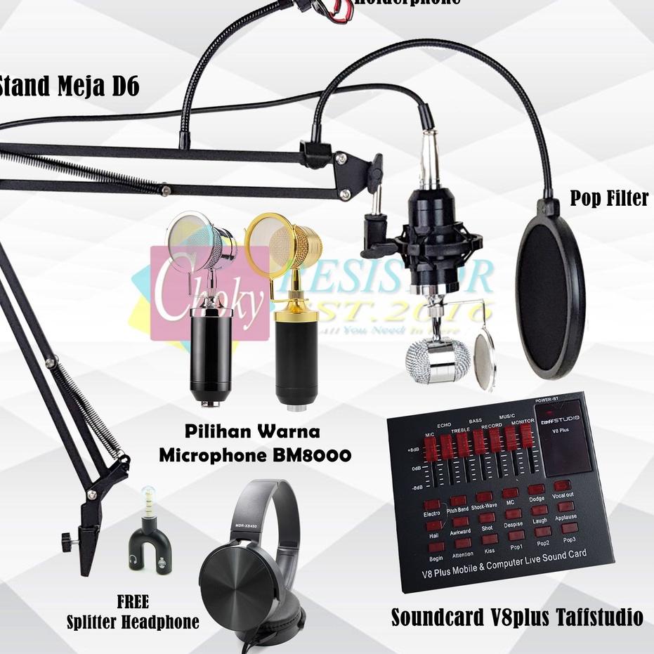 TerbaruPaket Lengkap Full Set Microphone Condenser BM8000 dan Soundcard V8Plus FREE HEADPHONE Holdephone♫