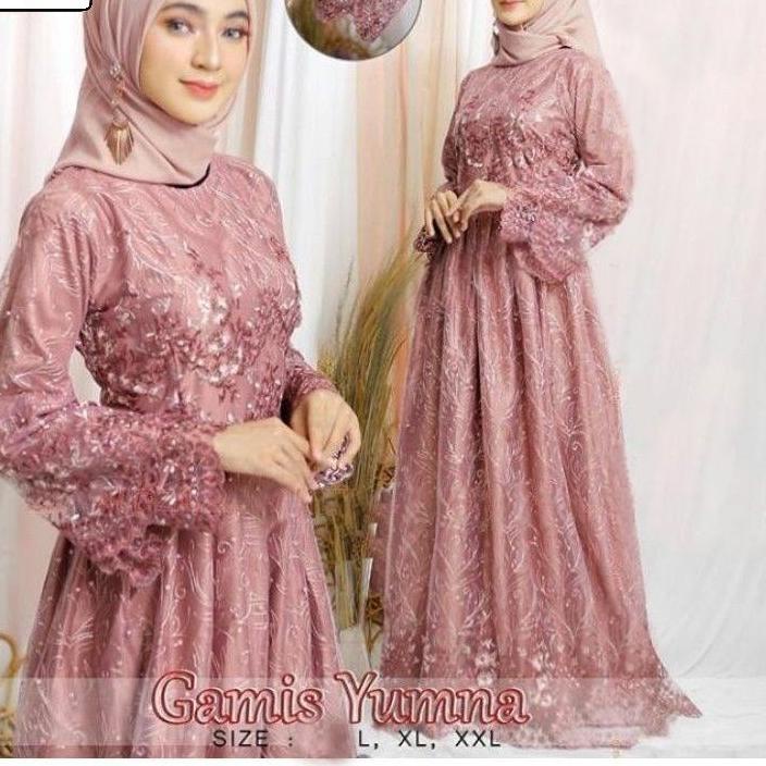 ➾ Size L XL XXL / Gamis Pesta / Gamis Jumbo / Maxi Dress / Gamis Tile / Gamis Maxi Brokat Yumna ۝