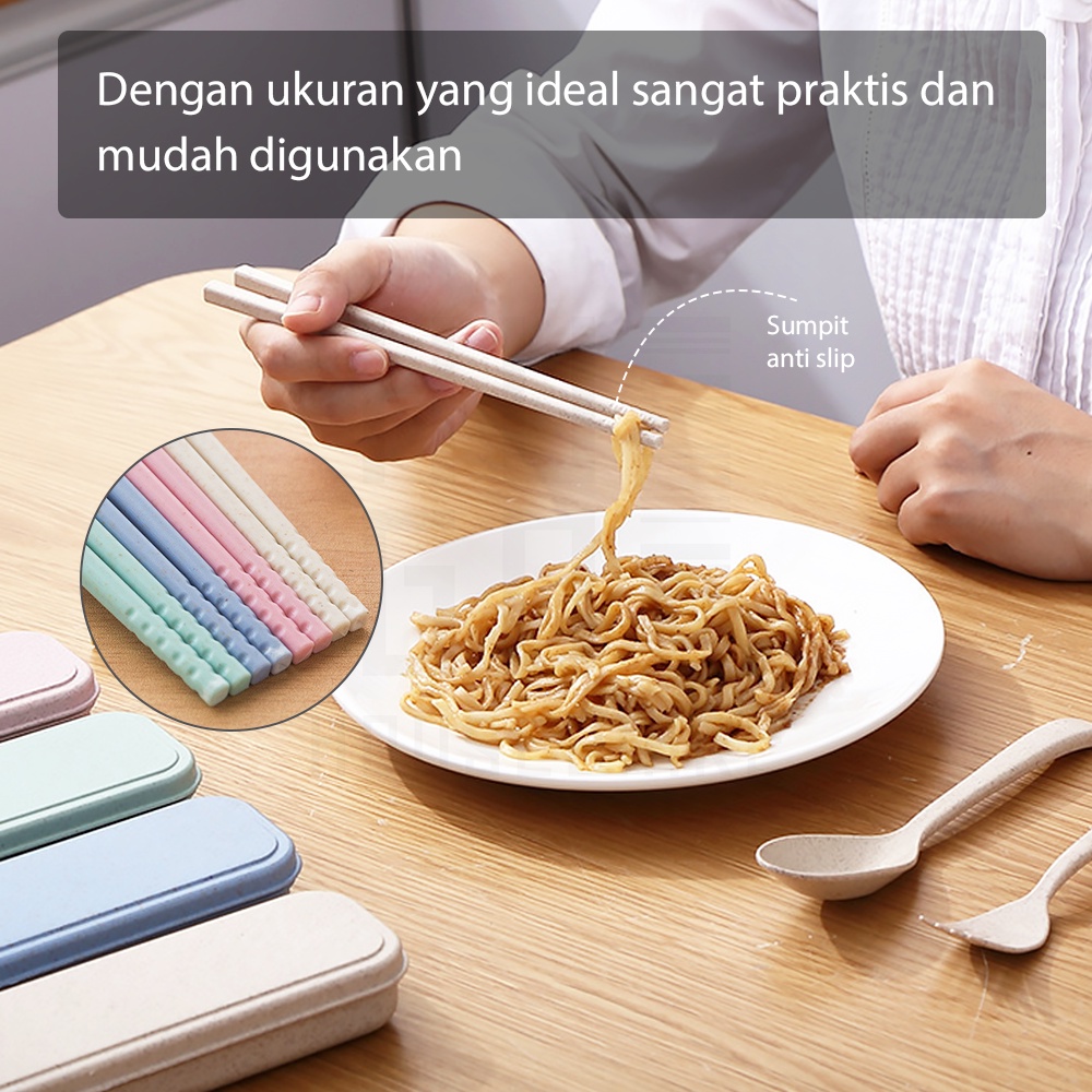 HUGO Sendok Set Alat Makan Portable Bahan Jerami Wheat Straw Sendok Garpu Sumpit dan Box